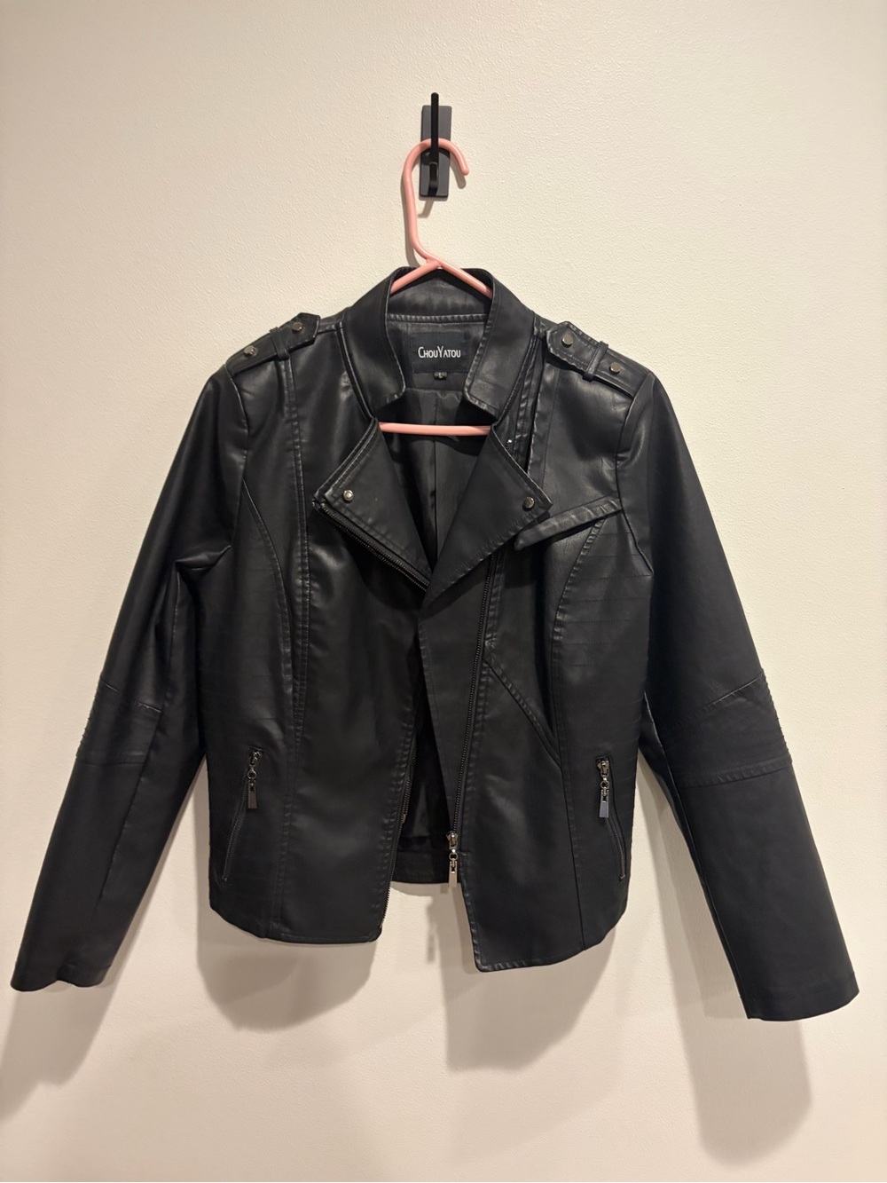 Choutatou Black Faux Leather Asymmetrical Jacket for Women